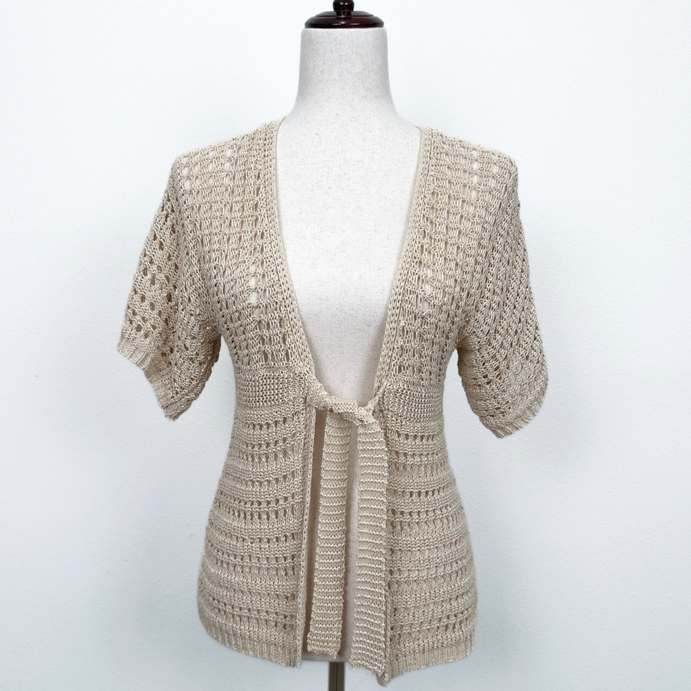 Vtg Y2K Crochet Knit Sweater Womens Small P Ivory Pearlescent Tie Front Cardigan